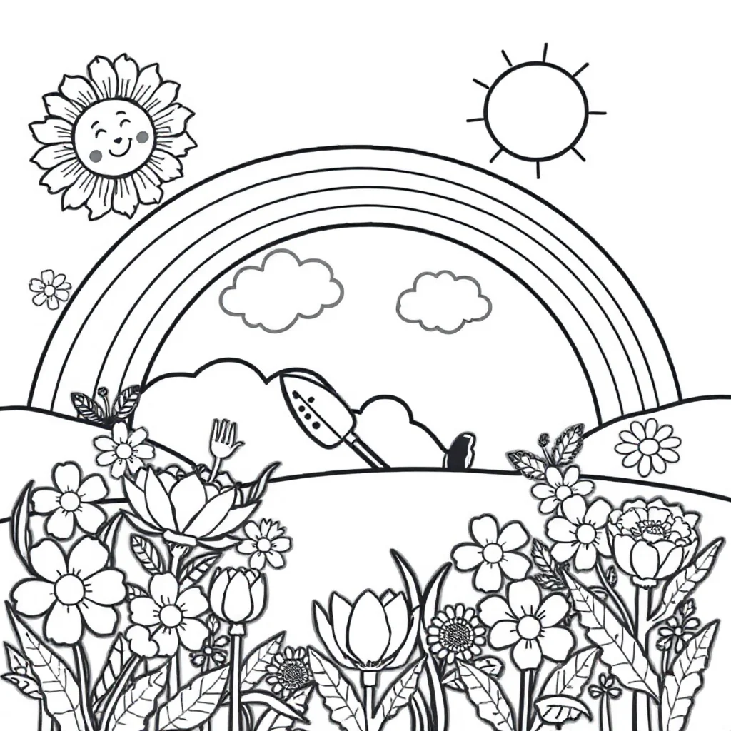 Rainbows a rainbow and sun in a flower garden — classic rainbows coloring page (ages 5–10)