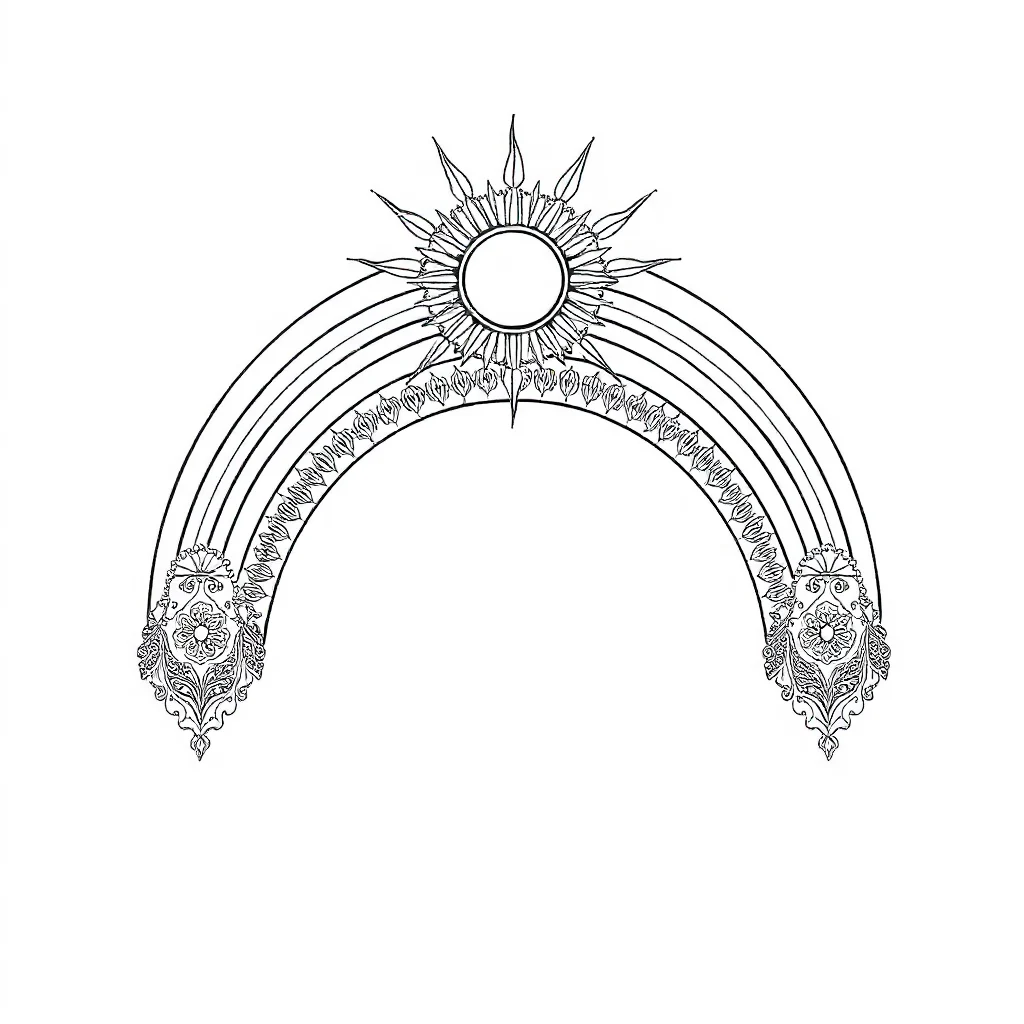 Rainbows a rainbow and sun leaping mid air — detailed rainbows coloring page (ages 9+ & adults)