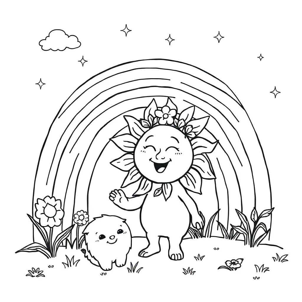 Rainbows a rainbow and sun wearing a flower crown — classic rainbows coloring page (ages 5–10)