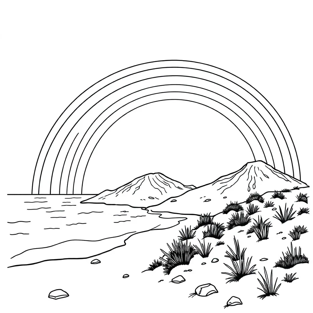 Rainbows a rainbow over hills on the beach — classic rainbows coloring page (ages 5–10)