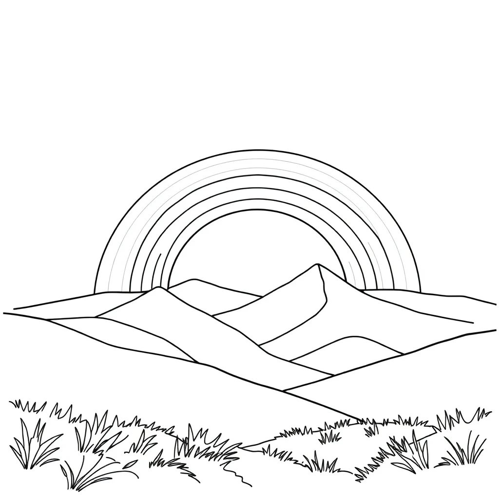 Rainbows a rainbow over hills peeking from behind something — classic rainbows coloring page (ages 5–10)