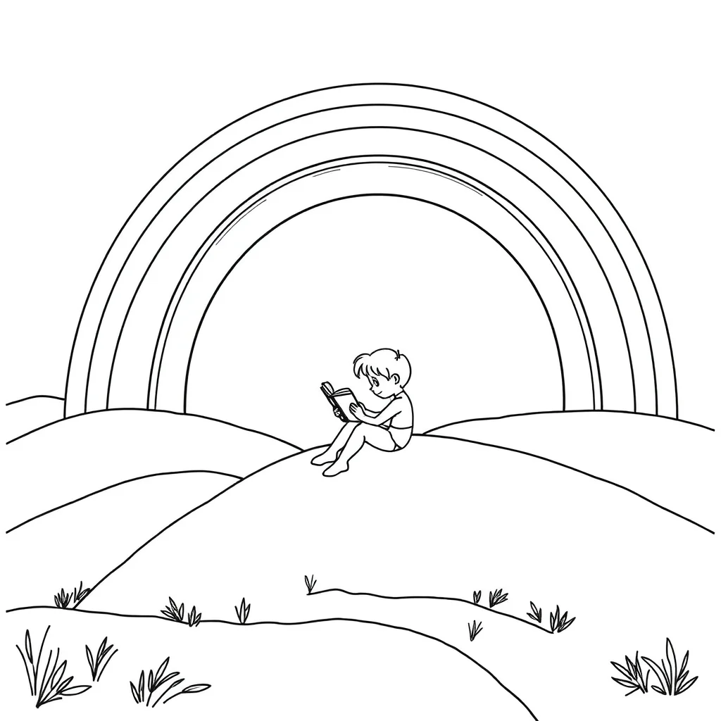 Rainbows a rainbow over hills reading a book — classic rainbows coloring page (ages 5–10)