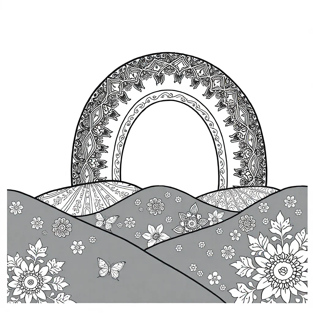 Rainbows a rainbow over hills sleeping curled up — detailed rainbows coloring page (ages 9+ & adults)