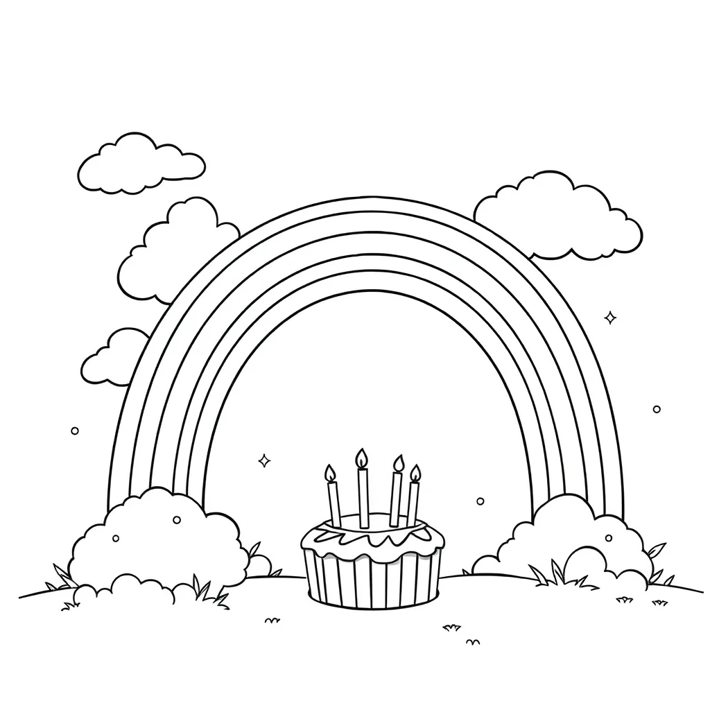 Rainbows a rainbow with clouds celebrating a birthday — classic rainbows coloring page (ages 5–10)