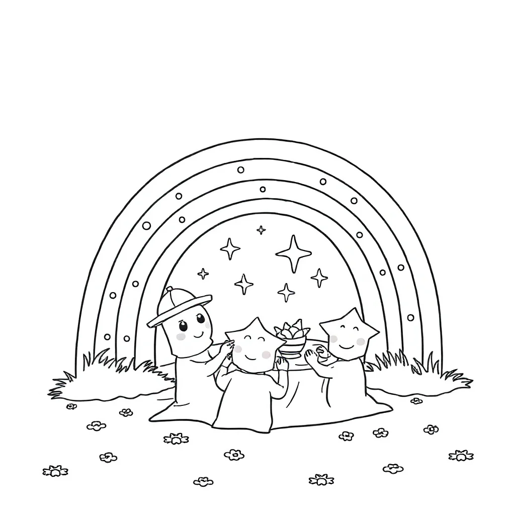 Rainbows a rainbow with stars having a picnic — classic rainbows coloring page (ages 5–10)