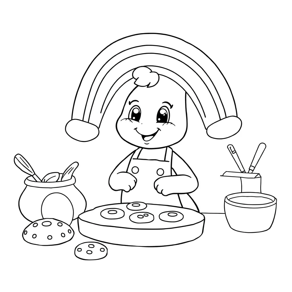 Rainbows a smiling rainbow baking cookies — classic rainbows coloring page (ages 5–10)