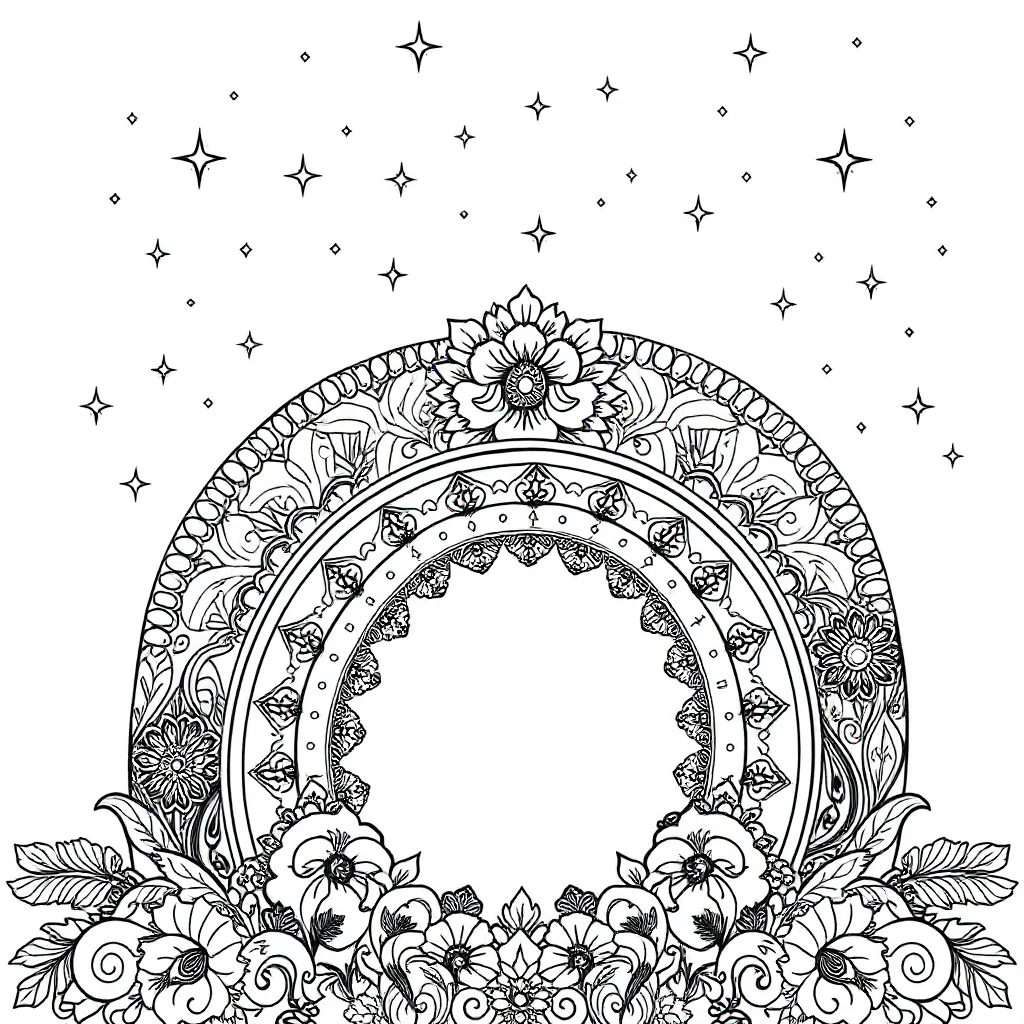 Rainbows a smiling rainbow under the night sky with stars — detailed rainbows coloring page (ages 9+ & adults)