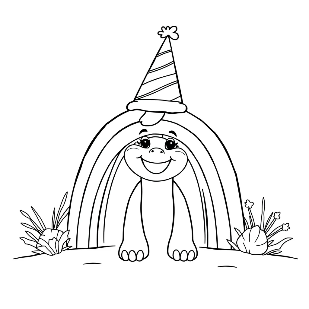 Rainbows a smiling rainbow wearing a party hat — classic rainbows coloring page (ages 5–10)