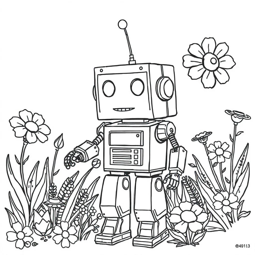 Robots a boxy robot in a flower garden — classic robots coloring page (ages 5–10)