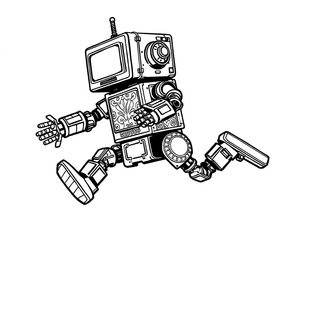 Robots a boxy robot leaping mid air — detailed robots coloring page (ages 9+ & adults)