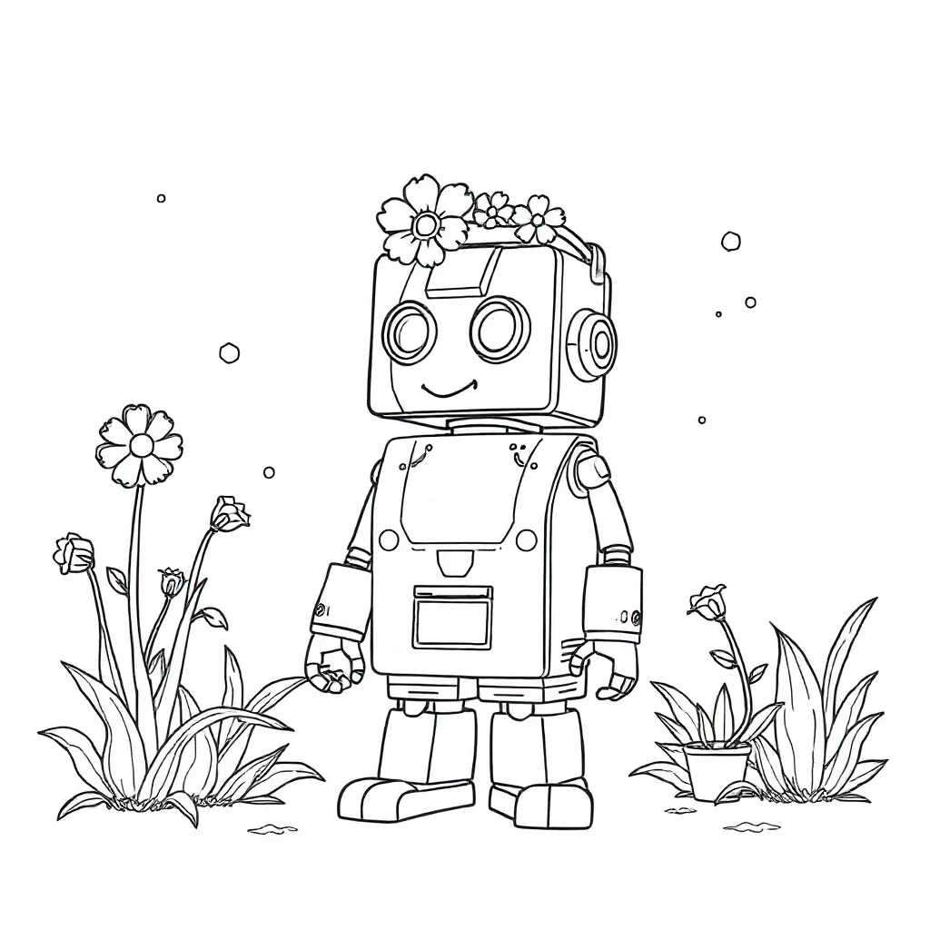 Robots a boxy robot wearing a flower crown — classic robots coloring page (ages 5–10)