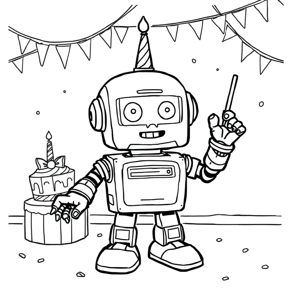Robots a cute robot celebrating a birthday — classic robots coloring page (ages 5–10)