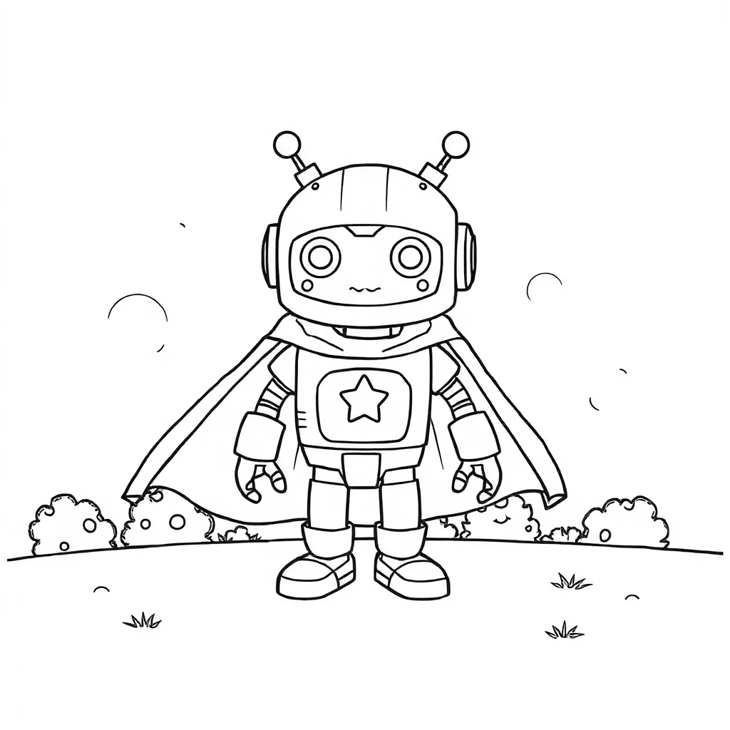 Robots a cute robot in a superhero cape — classic robots coloring page (ages 5–10)
