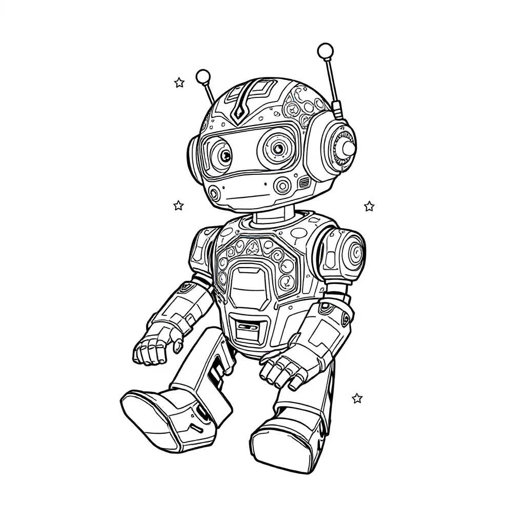 Robots a cute robot sitting — detailed robots coloring page (ages 9+ & adults)