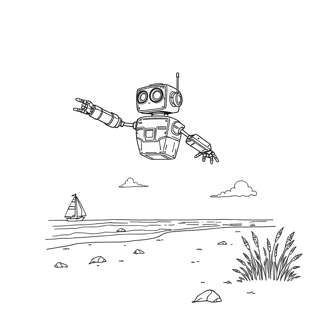 Robots a flying robot on the beach — classic robots coloring page (ages 5–10)