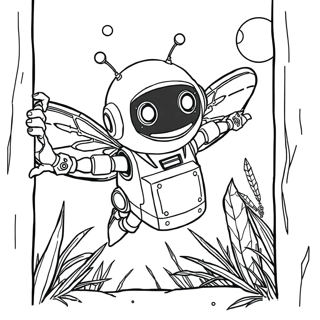Robots a flying robot peeking from behind something — classic robots coloring page (ages 5–10)