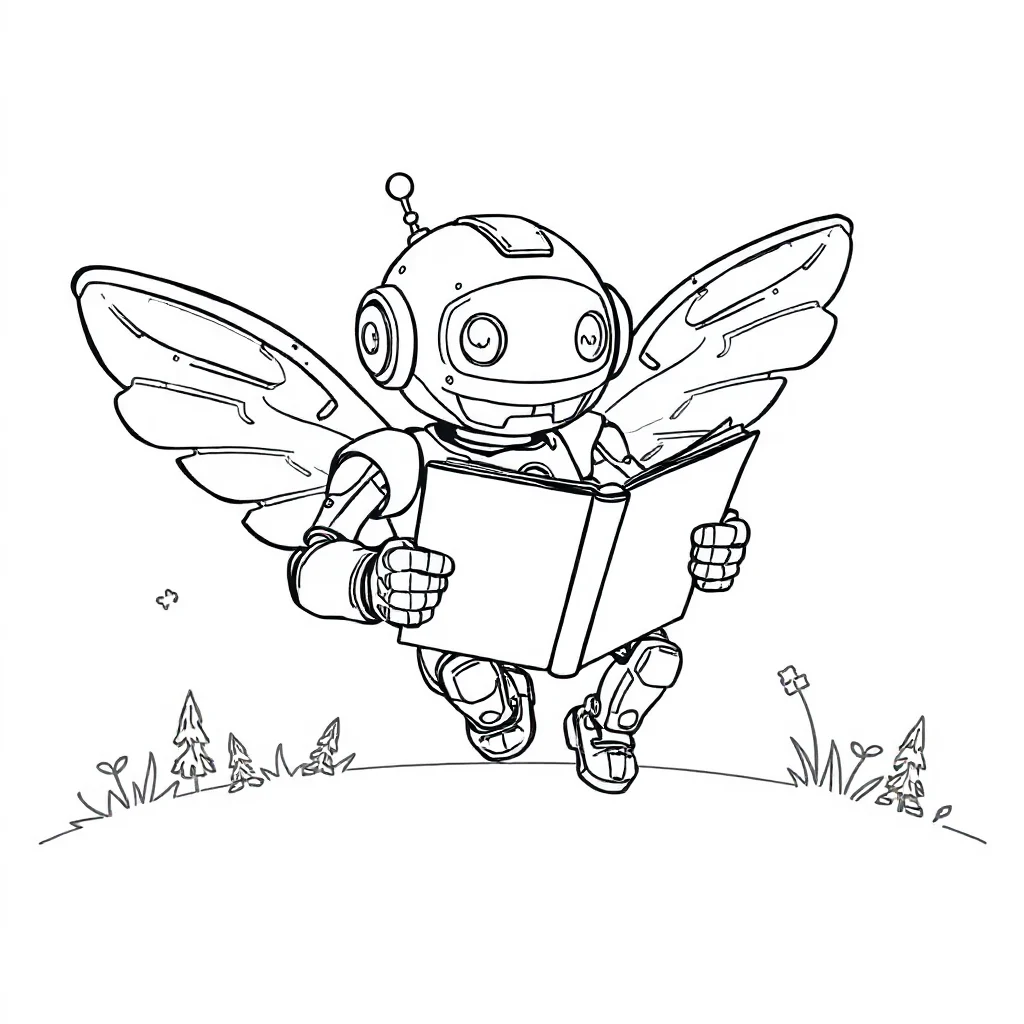 Robots a flying robot reading a book — classic robots coloring page (ages 5–10)