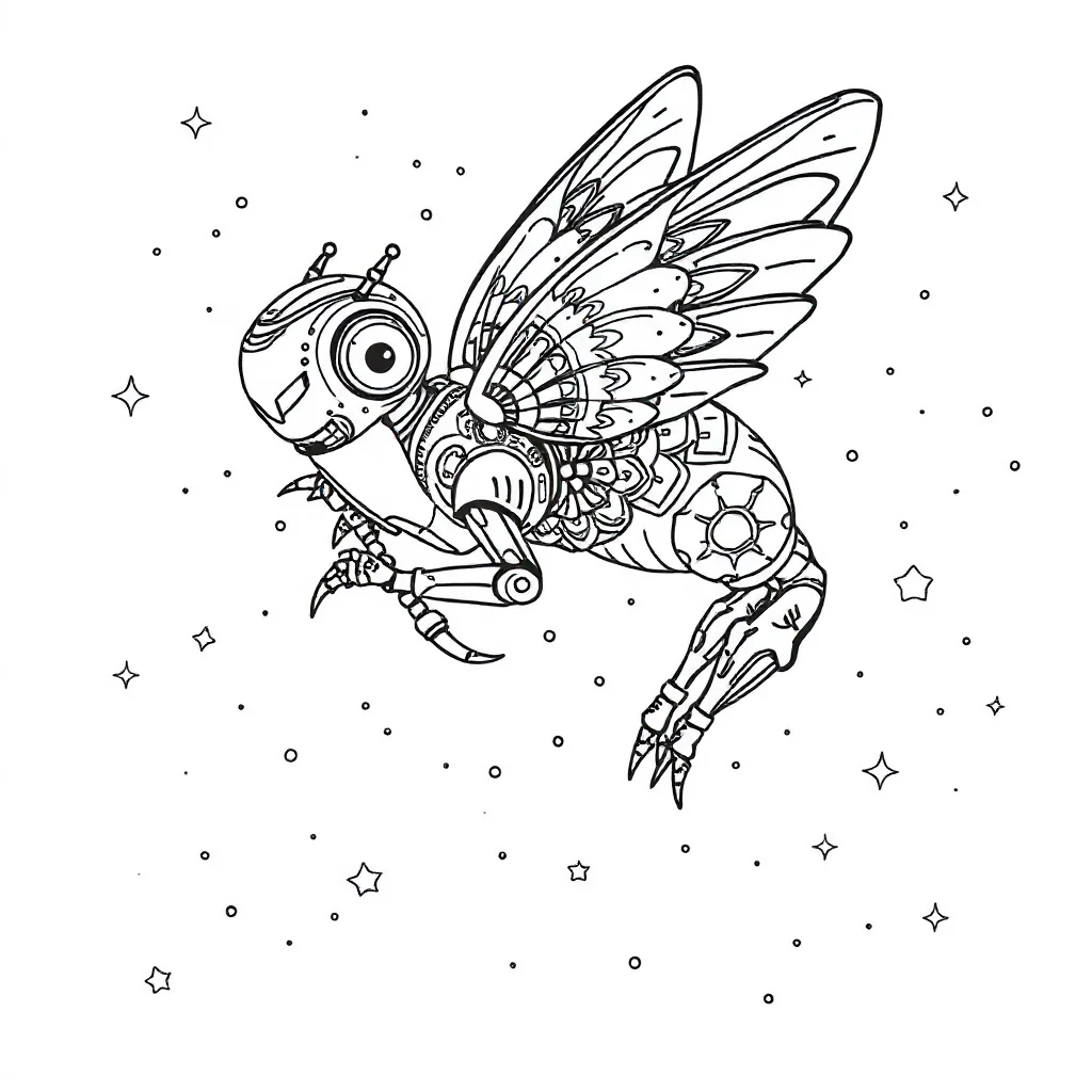 Robots a flying robot sleeping curled up — detailed robots coloring page (ages 9+ & adults)