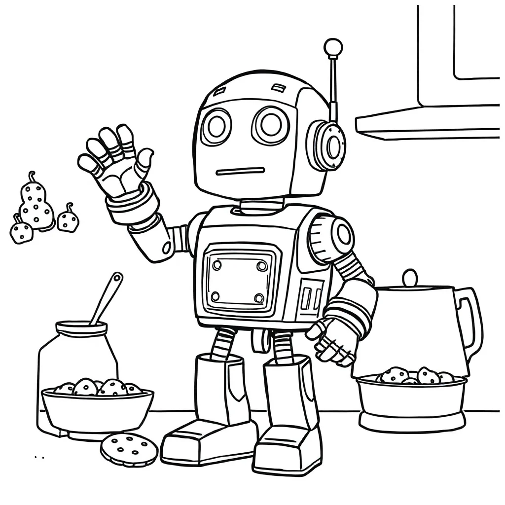 Robots a robot waving baking cookies — classic robots coloring page (ages 5–10)
