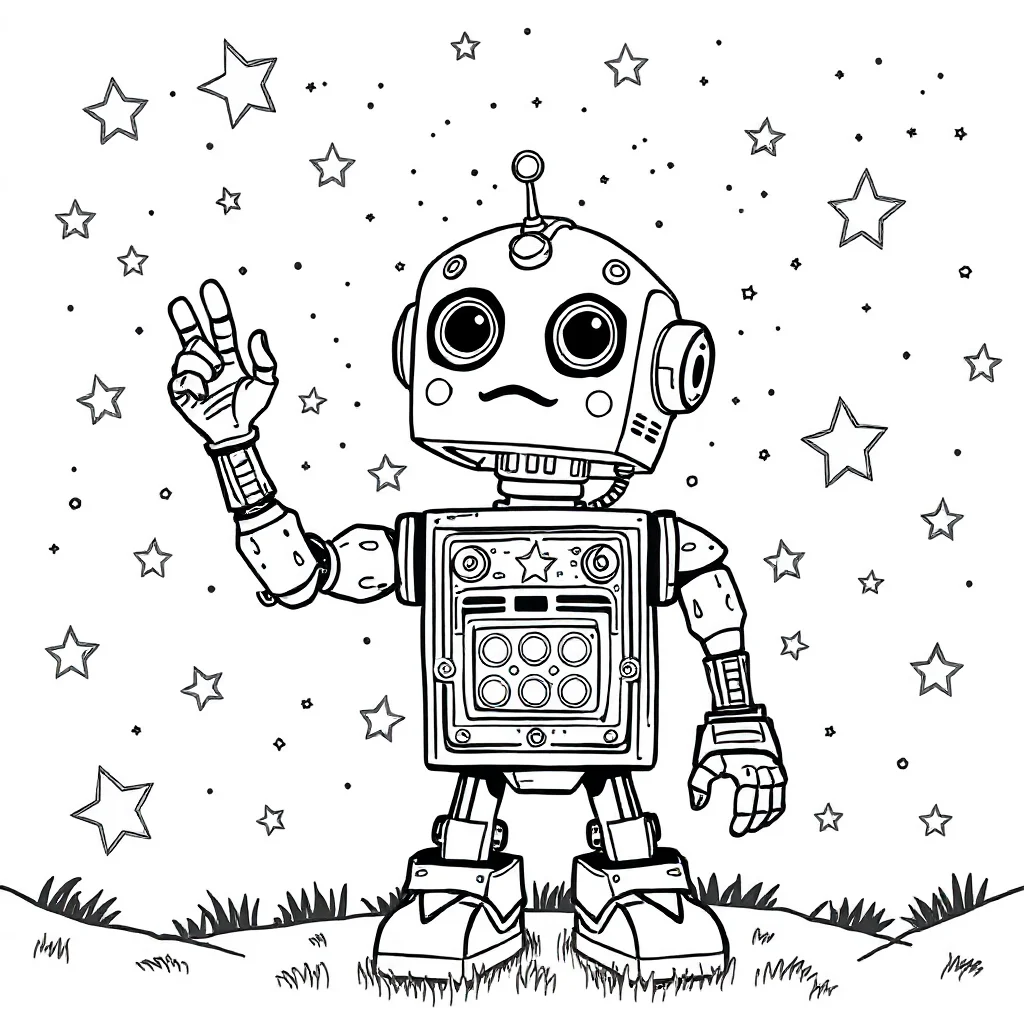 Robots a robot waving under the night sky with stars — detailed robots coloring page (ages 9+ & adults)