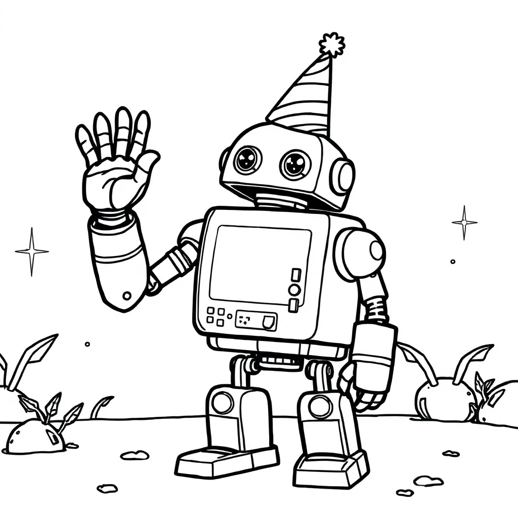 Robots a robot waving wearing a party hat — classic robots coloring page (ages 5–10)