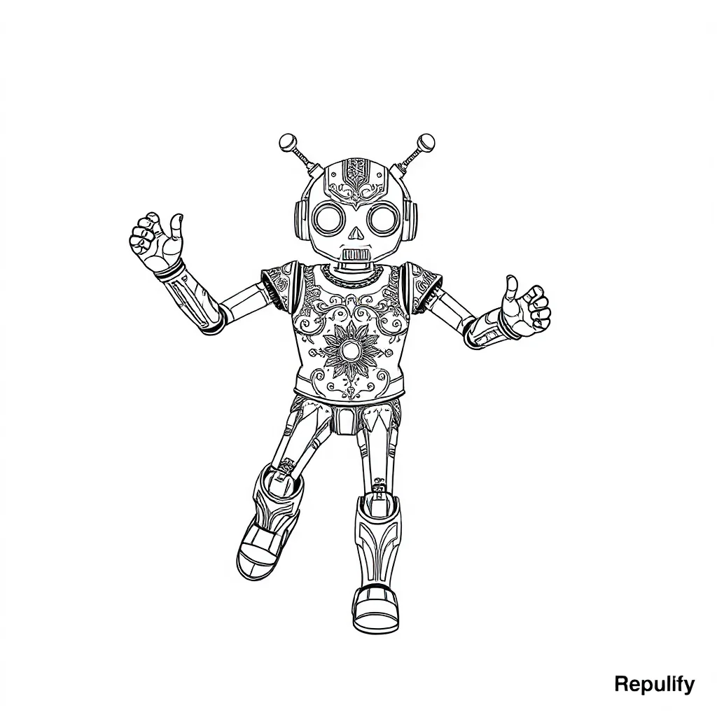 Robots a robot with antennae dancing — detailed robots coloring page (ages 9+ & adults)