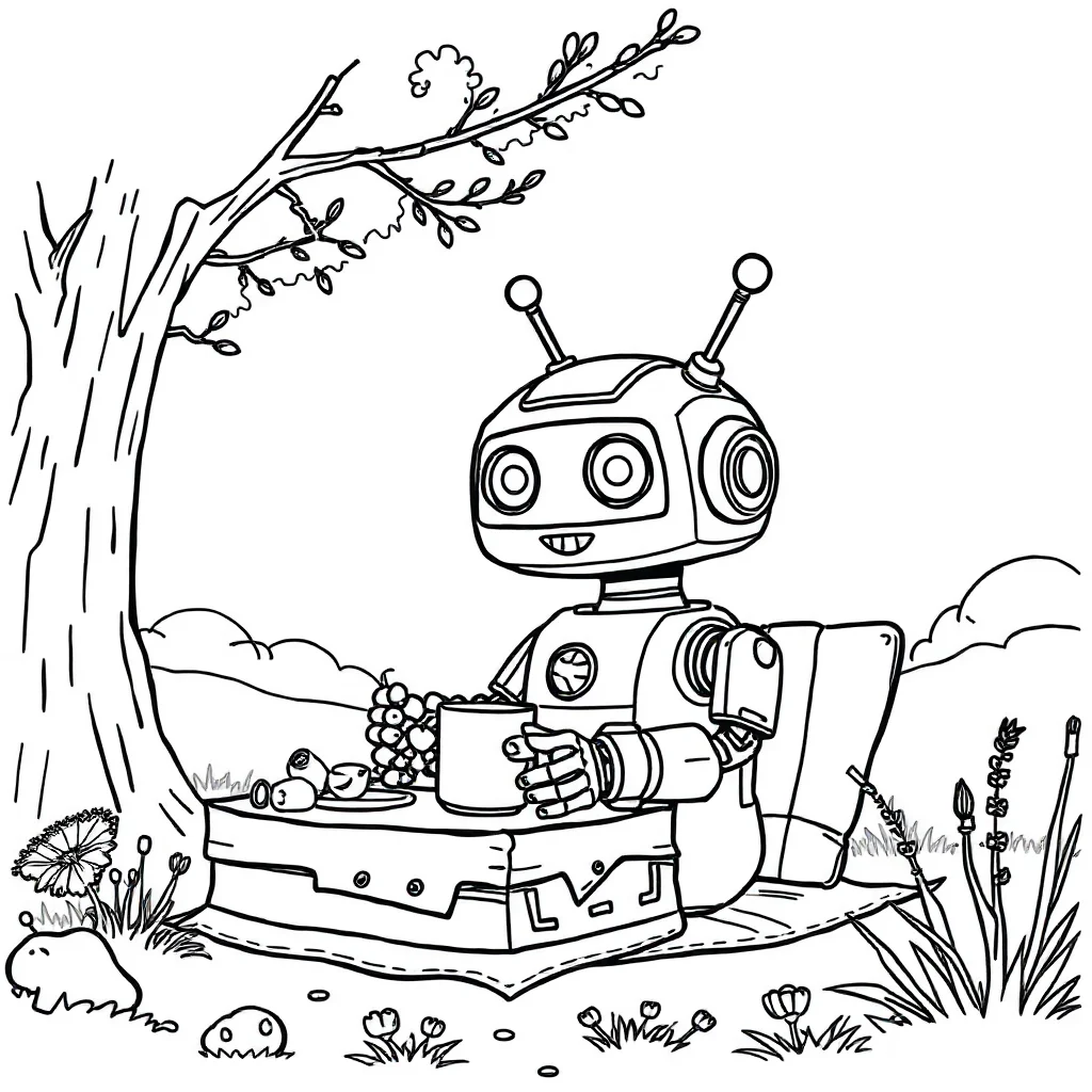 Robots a robot with antennae having a picnic — classic robots coloring page (ages 5–10)
