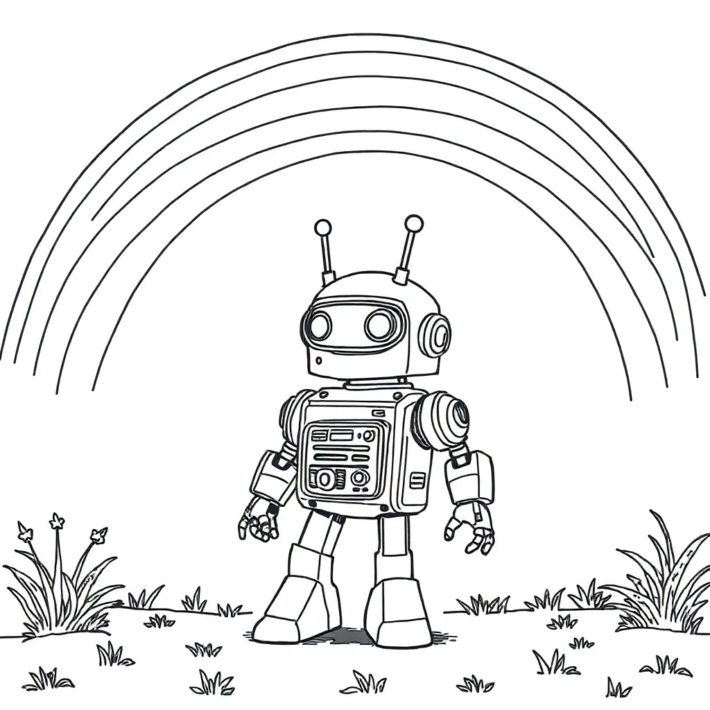 Robots a robot with antennae under a rainbow — classic robots coloring page (ages 5–10)