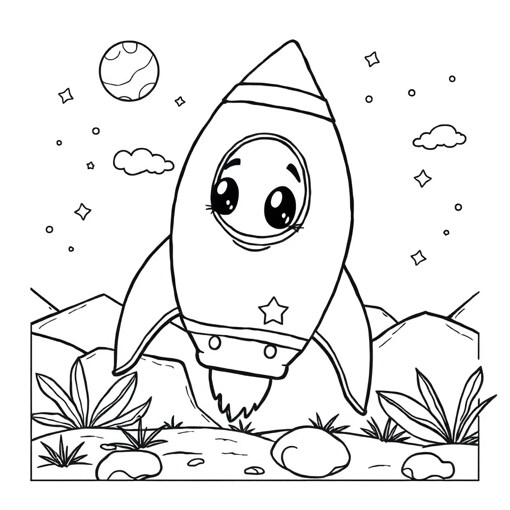 Rockets a cute rocket peeking from behind something — classic rockets coloring page (ages 5–10)