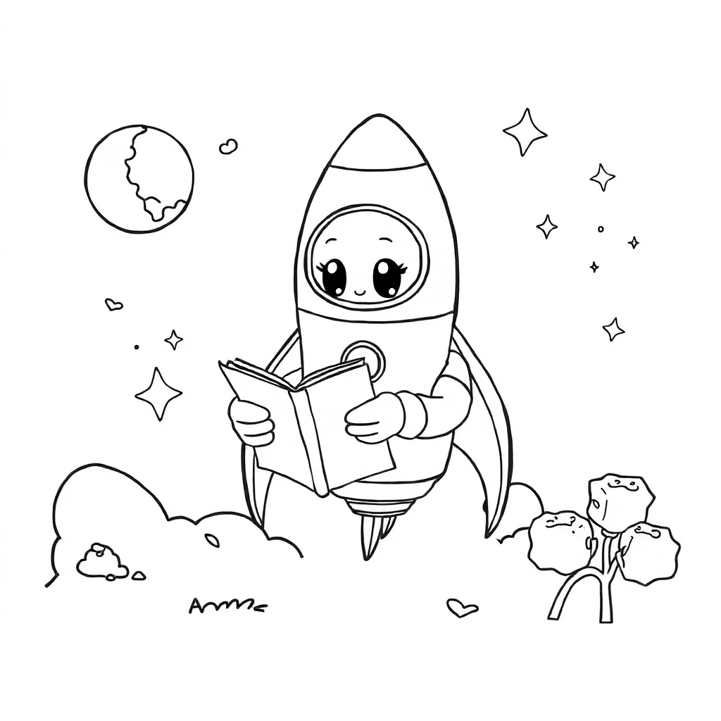Rockets a cute rocket reading a book — classic rockets coloring page (ages 5–10)