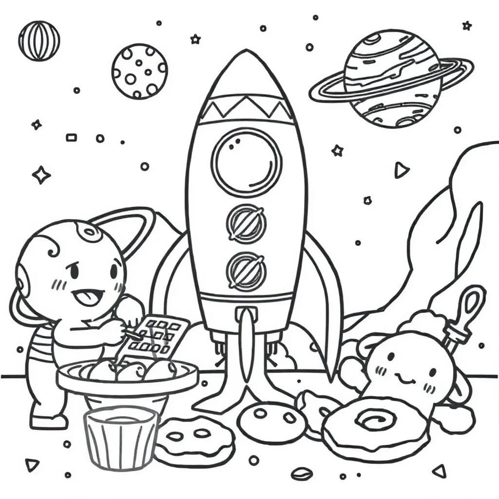 Rockets a rocket and planets baking cookies — classic rockets coloring page (ages 5–10)