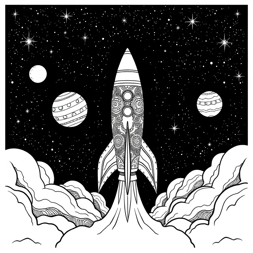 Rockets a rocket and planets under the night sky with stars — detailed rockets coloring page (ages 9+ & adults)