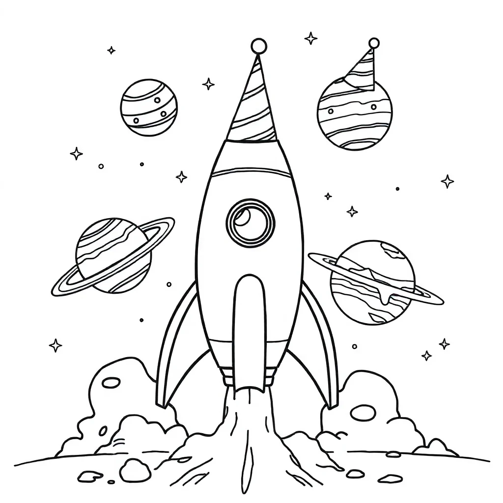 Rockets a rocket and planets wearing a party hat — classic rockets coloring page (ages 5–10)