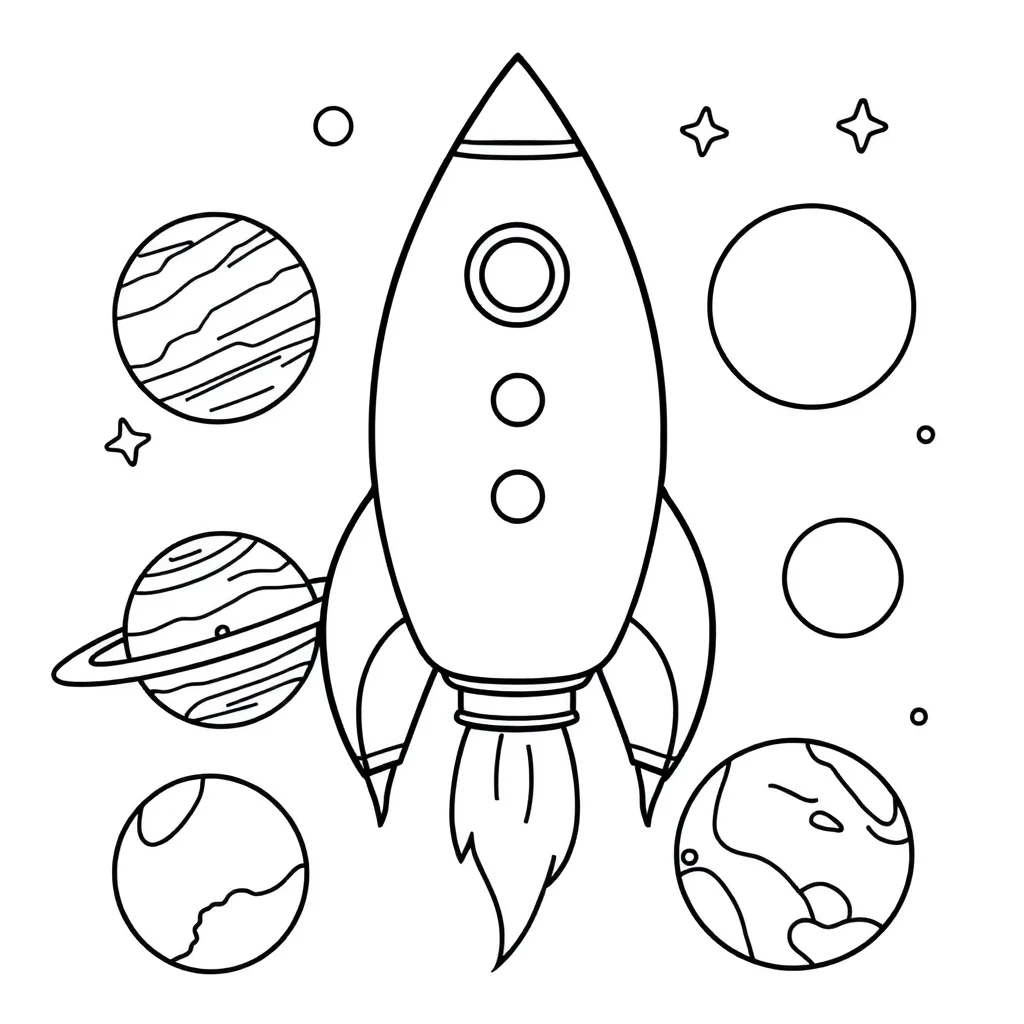 Rockets a rocket and planets — easy rockets coloring page (ages 2–5)