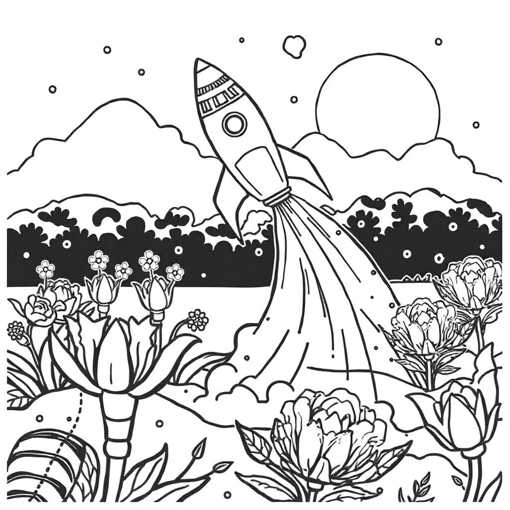 Rockets a rocket blasting off in a flower garden — classic rockets coloring page (ages 5–10)