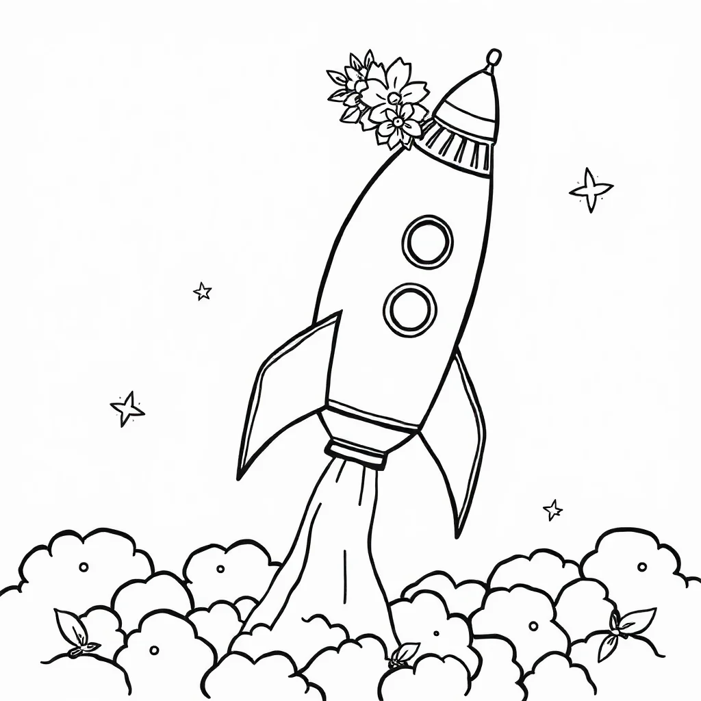 Rockets a rocket blasting off wearing a flower crown — classic rockets coloring page (ages 5–10)