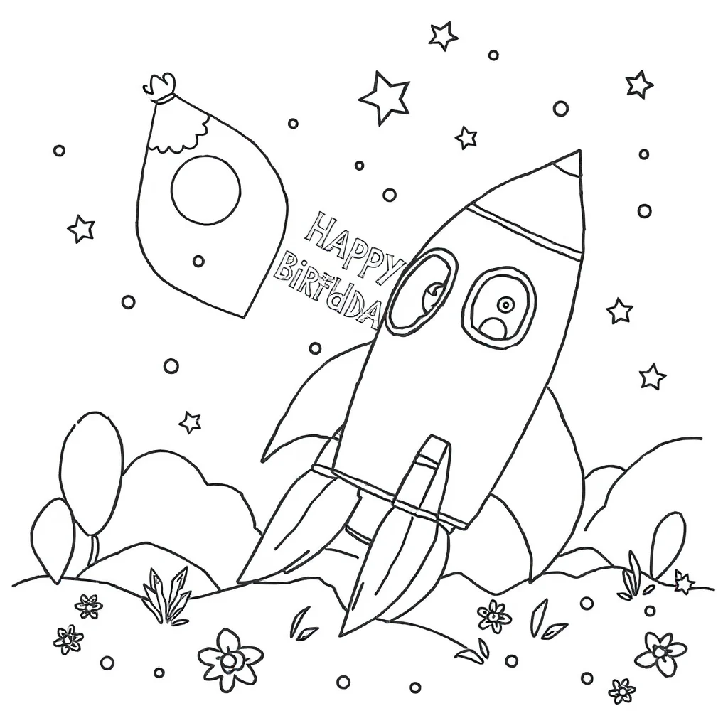 Rockets a rocket ship celebrating a birthday — classic rockets coloring page (ages 5–10)