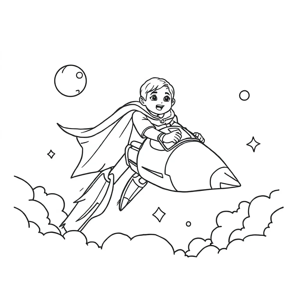 Rockets a rocket ship in a superhero cape — classic rockets coloring page (ages 5–10)