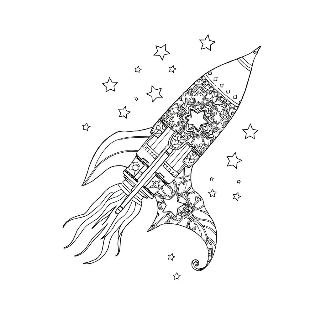 Rockets a rocket with stars dancing — detailed rockets coloring page (ages 9+ & adults)