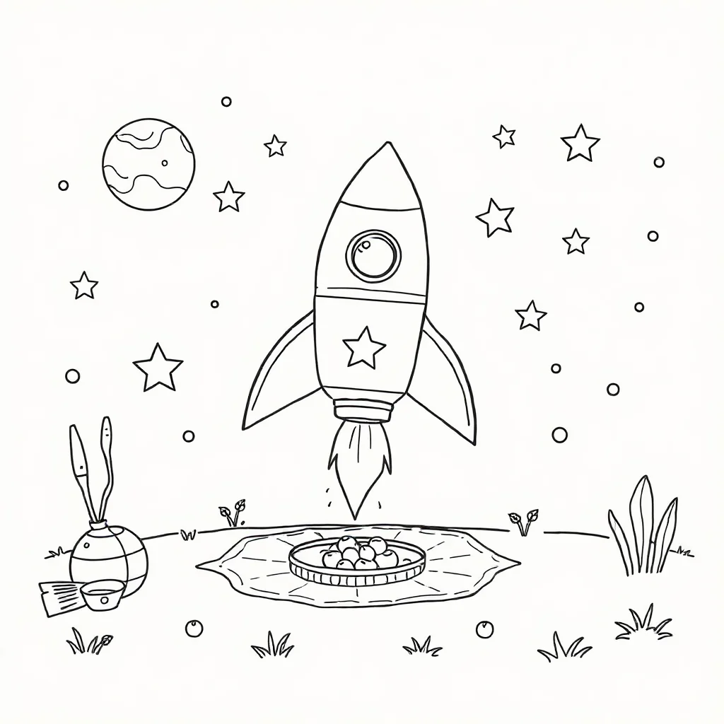 Rockets a rocket with stars having a picnic — classic rockets coloring page (ages 5–10)