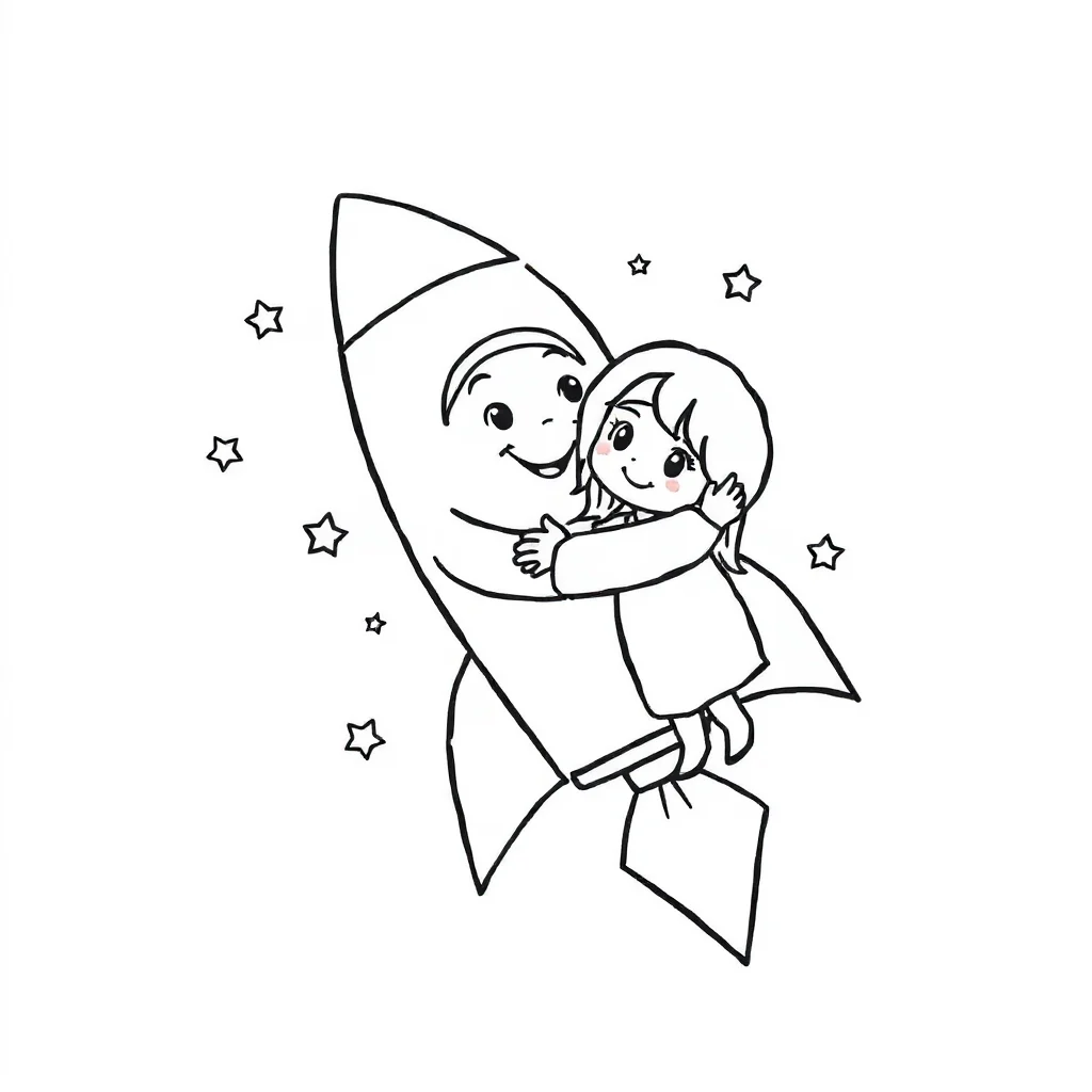 Rockets a rocket with stars hugging a friend — easy rockets coloring page (ages 2–5)