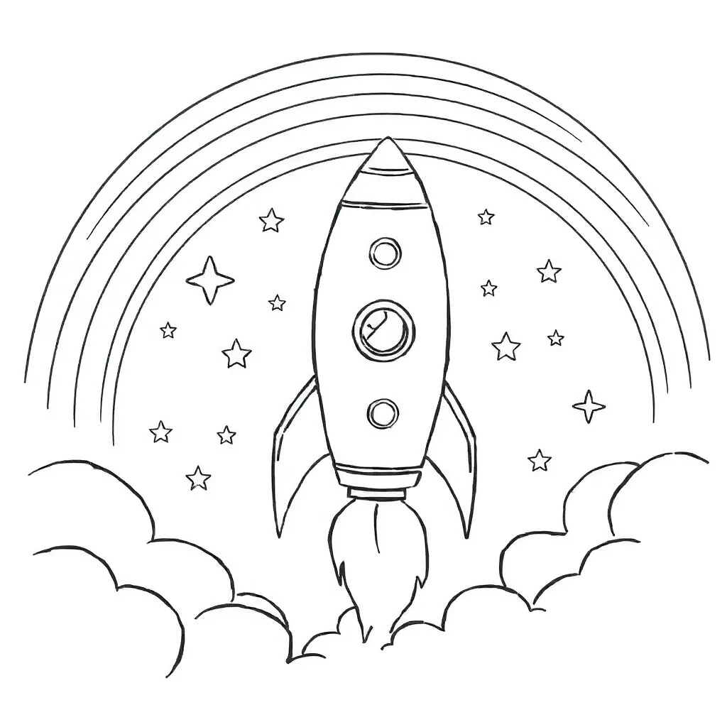 Rockets a rocket with stars under a rainbow — classic rockets coloring page (ages 5–10)