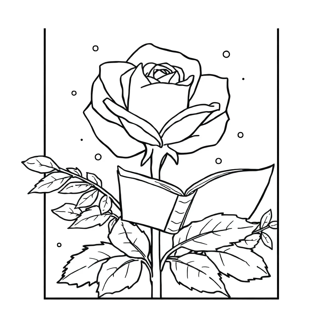 Roses a blooming rose reading a book — classic roses coloring page (ages 5–10)