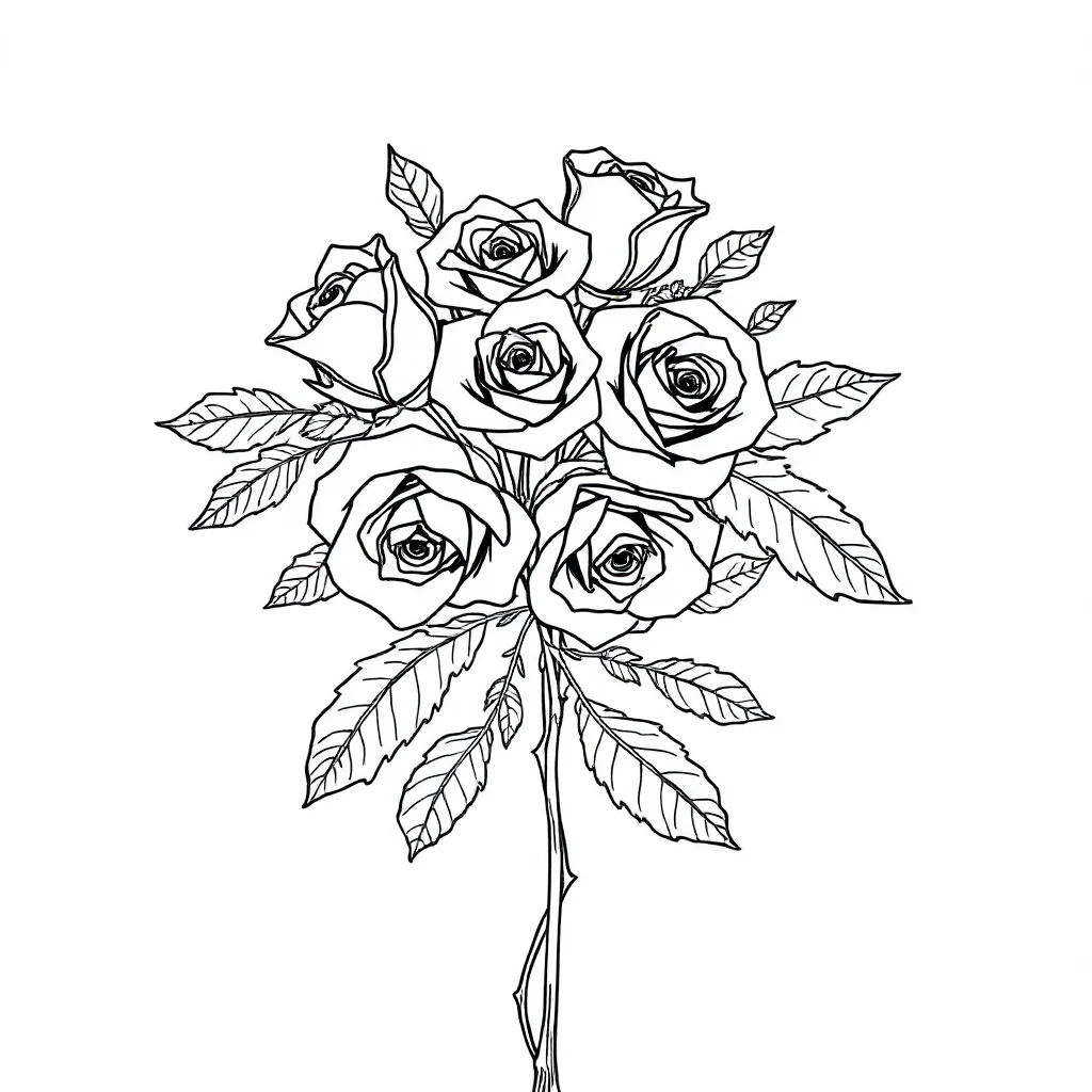 Roses a bouquet of roses dancing — detailed roses coloring page (ages 9+ & adults)