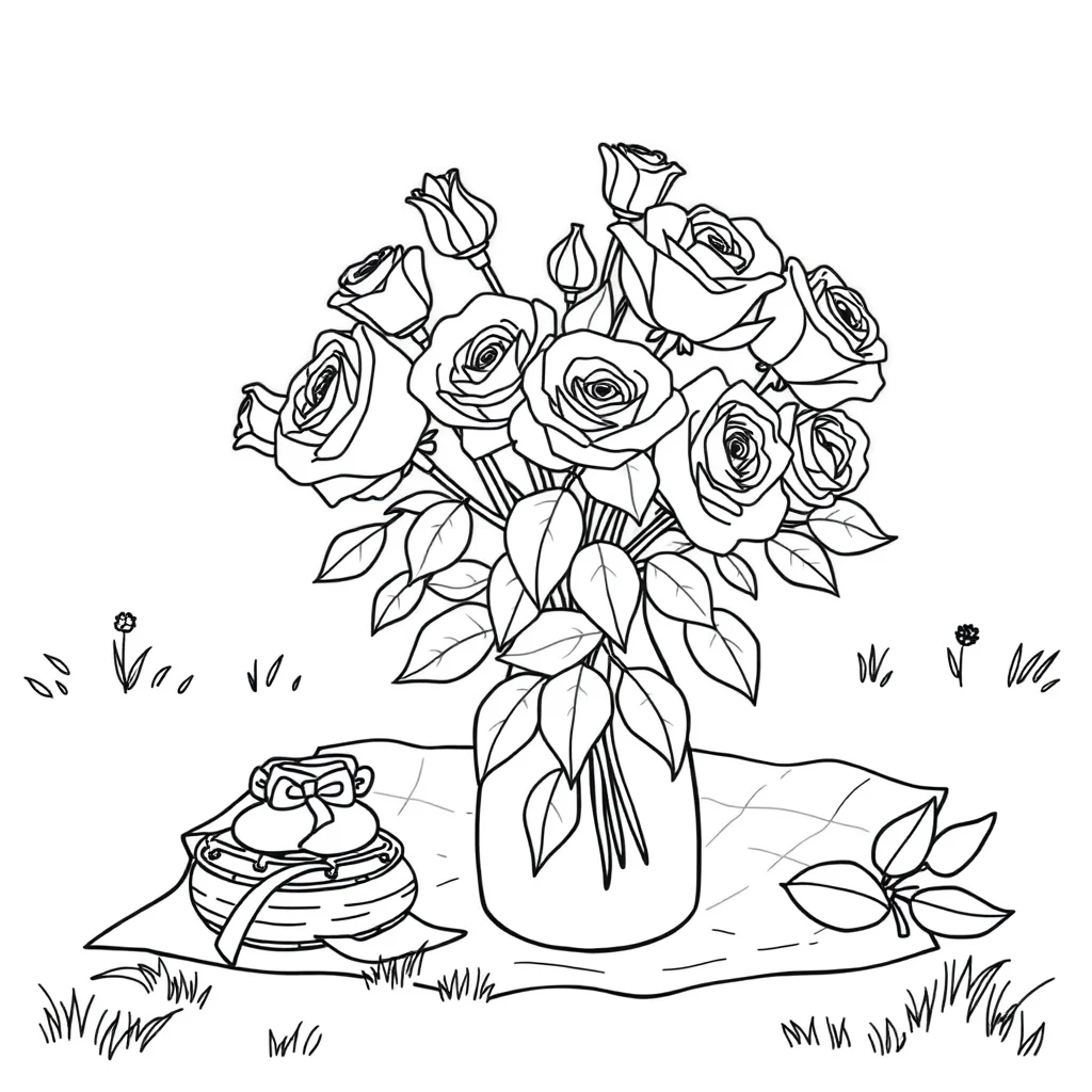 Roses a bouquet of roses having a picnic — classic roses coloring page (ages 5–10)