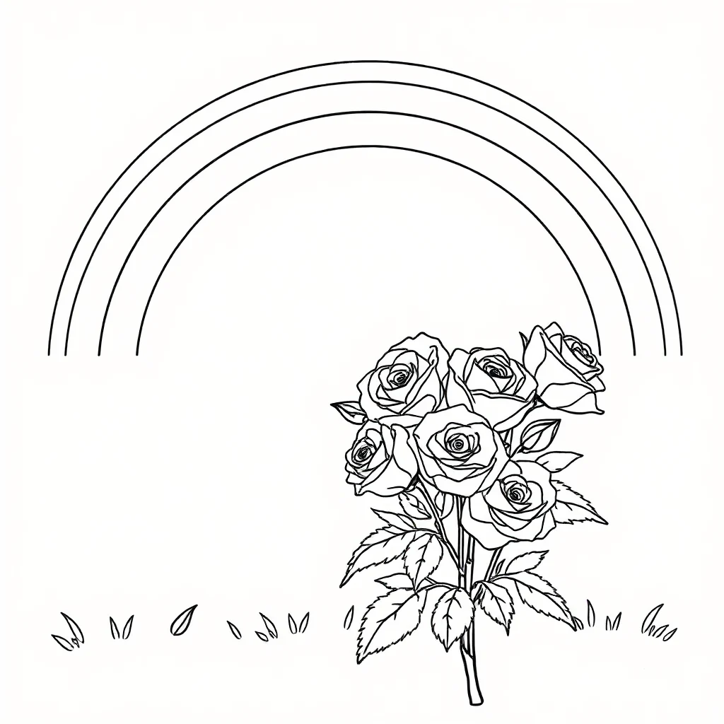 Roses a bouquet of roses under a rainbow — classic roses coloring page (ages 5–10)