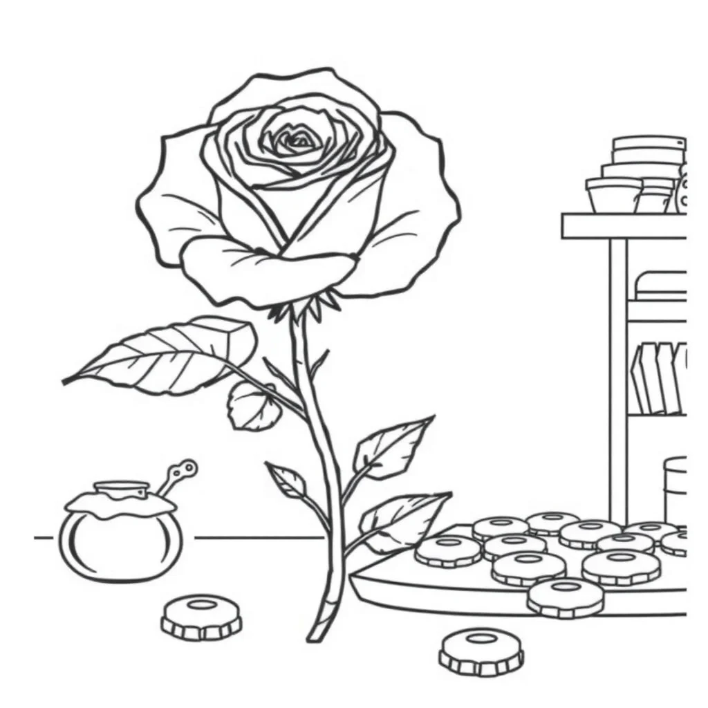 Roses a rose with a stem baking cookies — classic roses coloring page (ages 5–10)