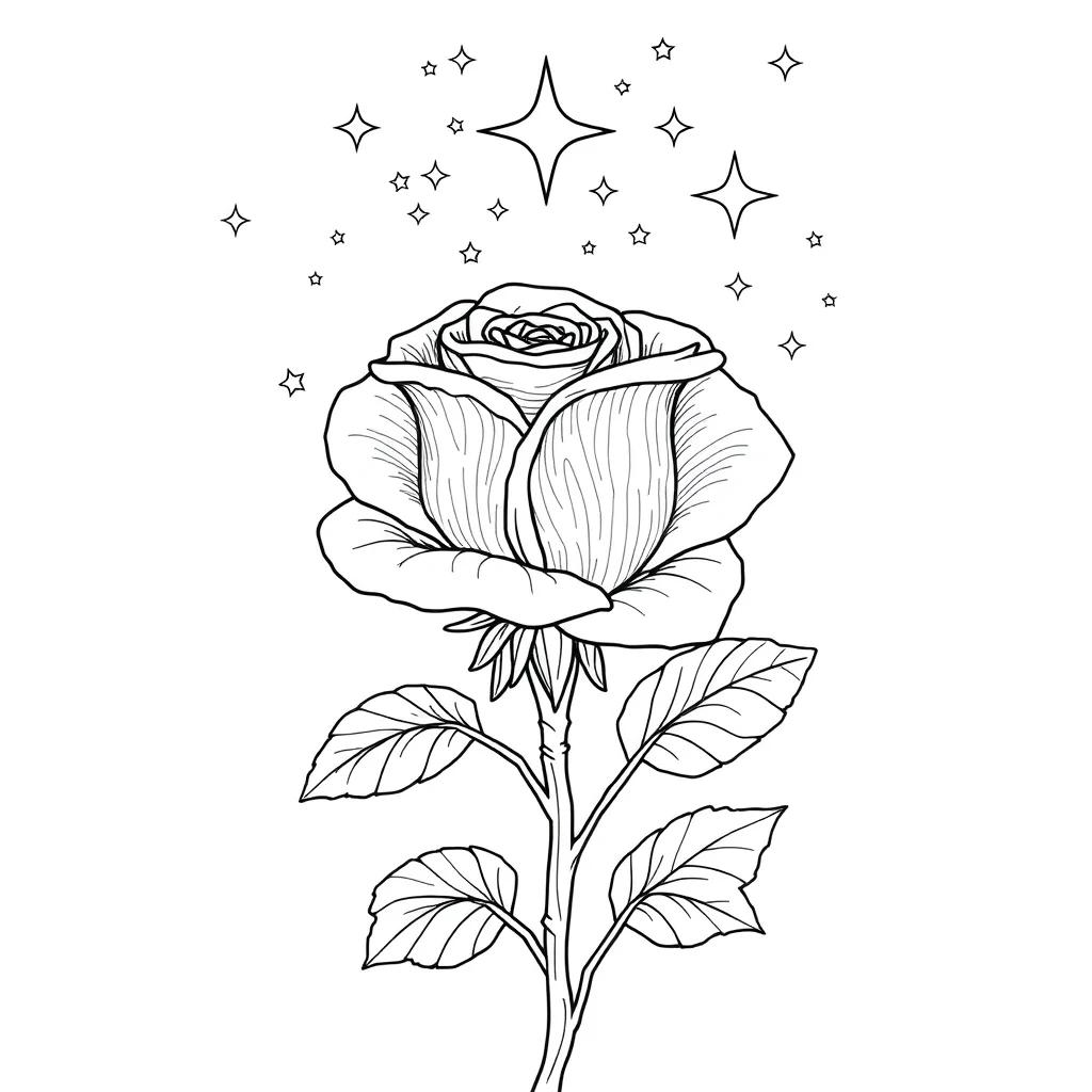 Roses a rose with a stem under the night sky with stars — detailed roses coloring page (ages 9+ & adults)