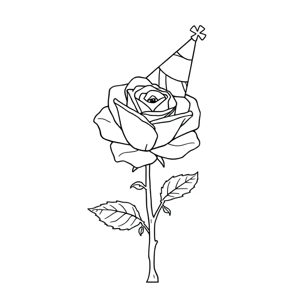 Roses a rose with a stem wearing a party hat — classic roses coloring page (ages 5–10)