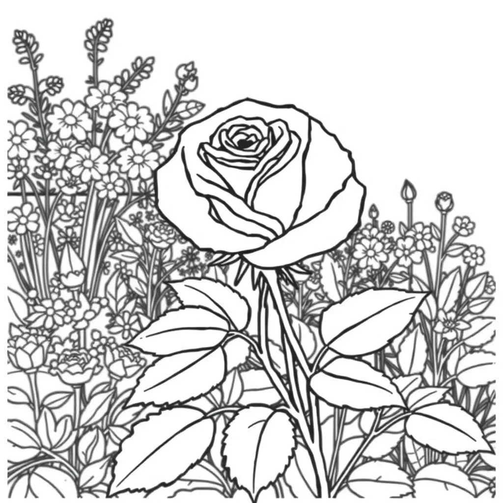 Roses a rose with leaves in a flower garden — classic roses coloring page (ages 5–10)